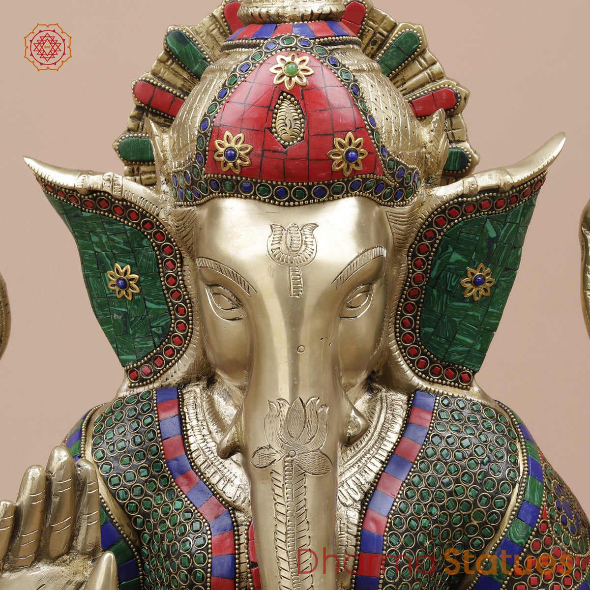 Brass Pooja Ganesh Seated Fine, Stone Work 21”