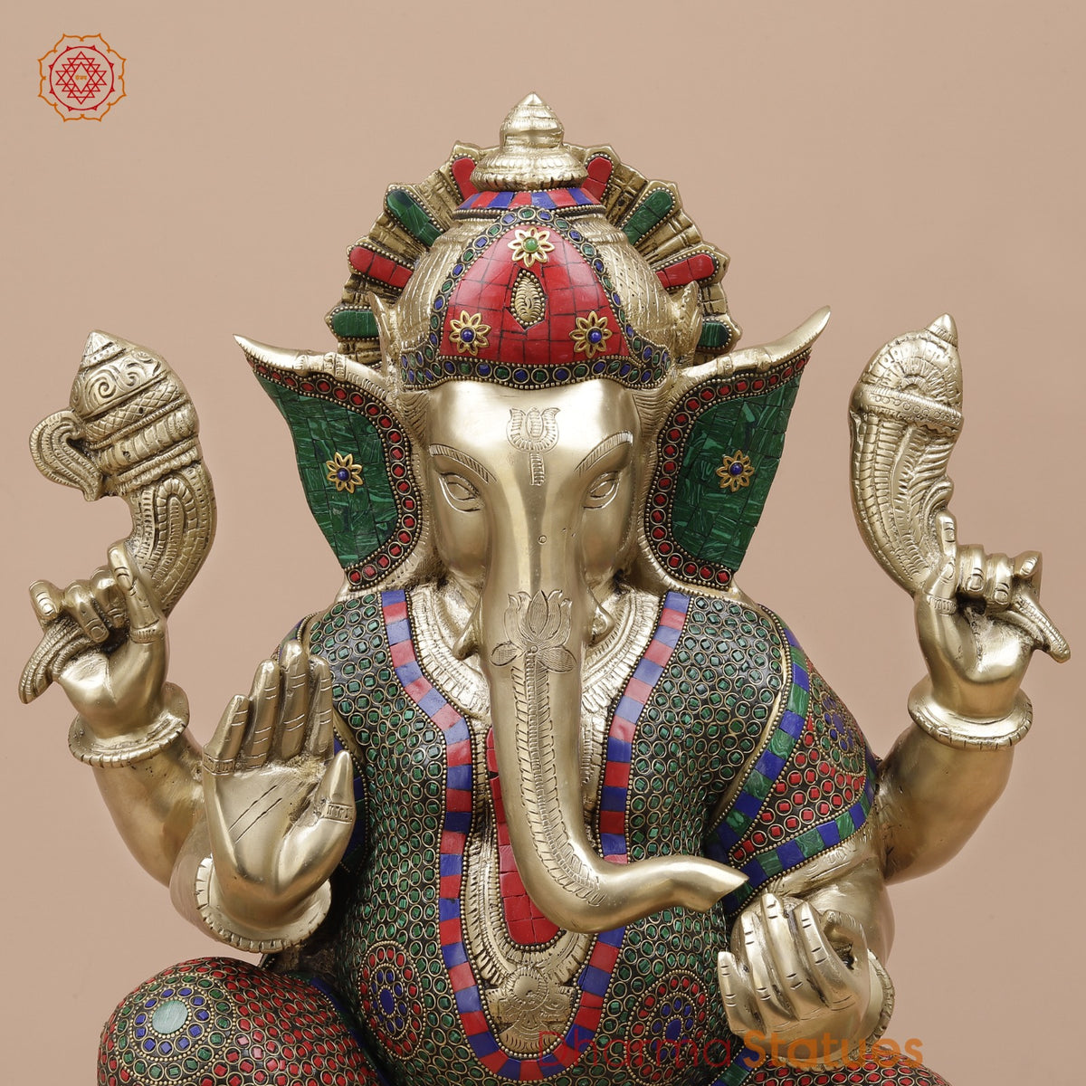 Brass Pooja Ganesh Seated Fine, Stone Work 21”