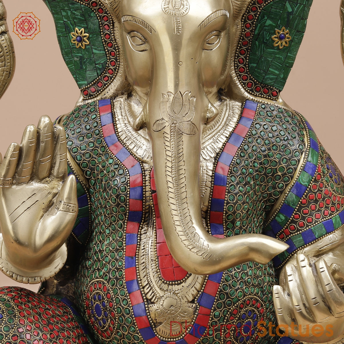 Brass Pooja Ganesh Seated Fine, Stone Work 21”