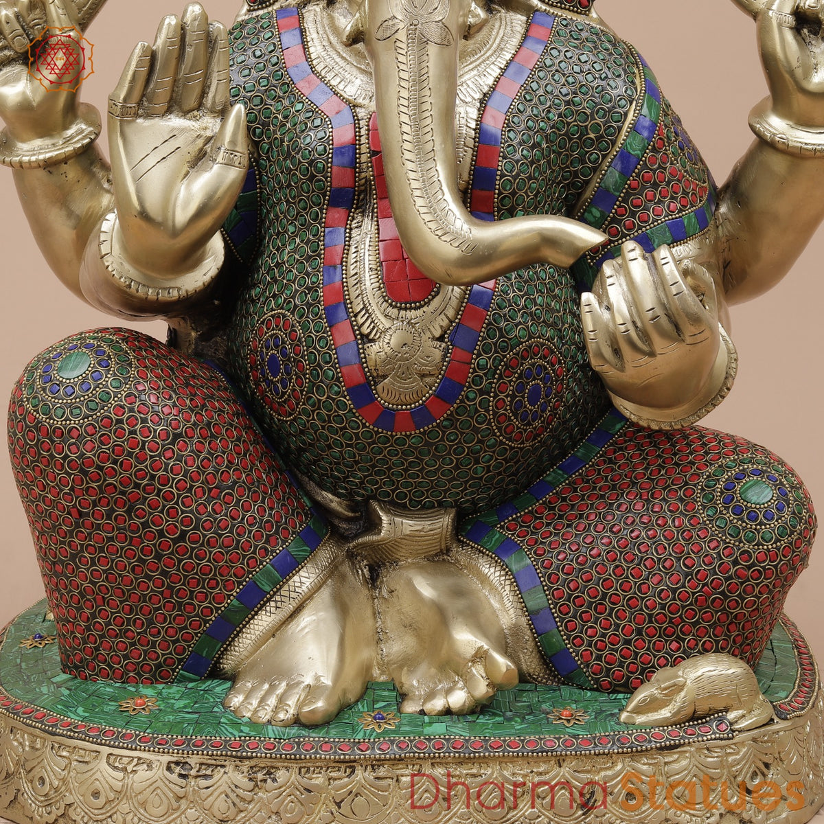 Brass Pooja Ganesh Seated Fine, Stone Work 21”