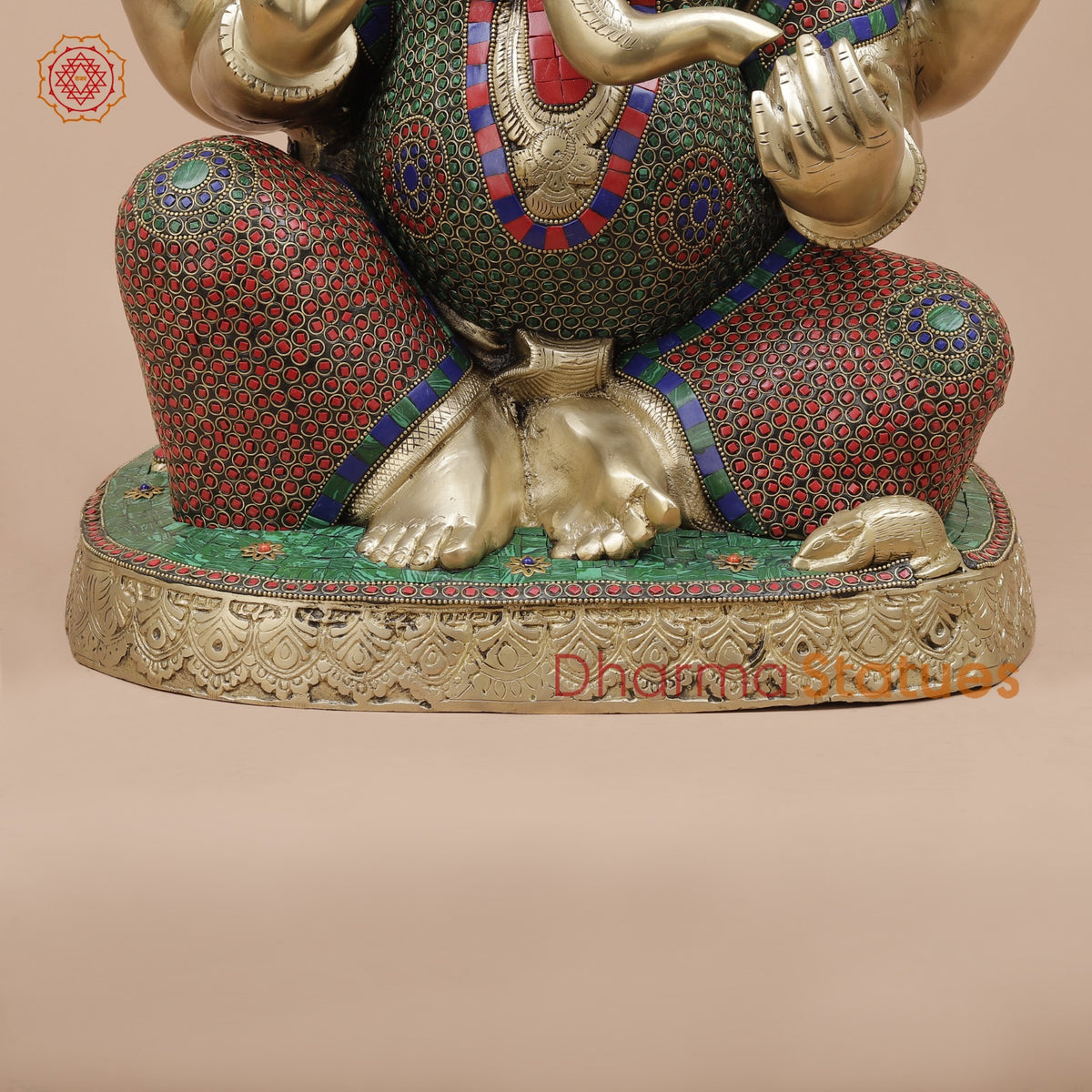 Brass Pooja Ganesh Seated Fine, Stone Work 21”