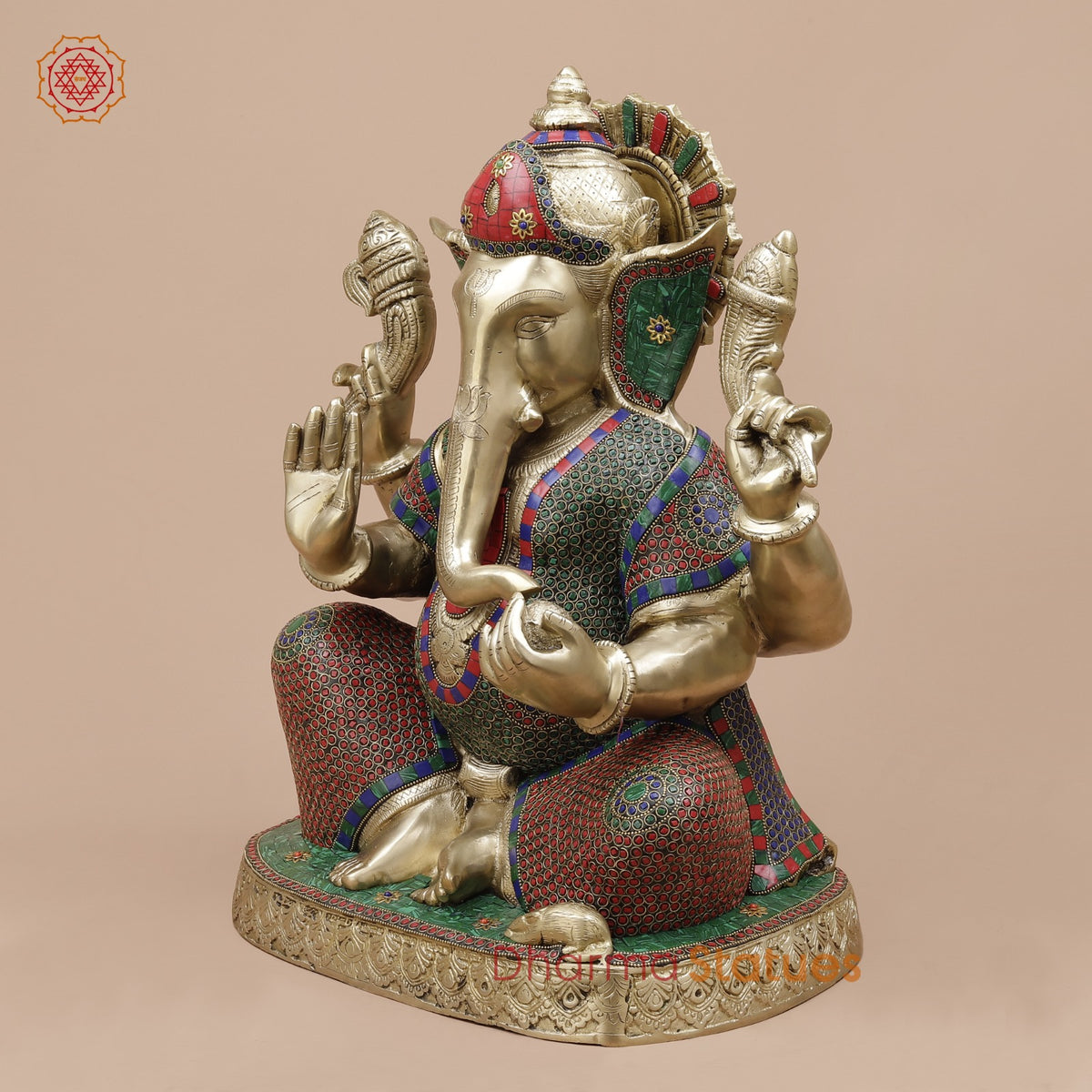 Brass Pooja Ganesh Seated Fine, Stone Work 21”