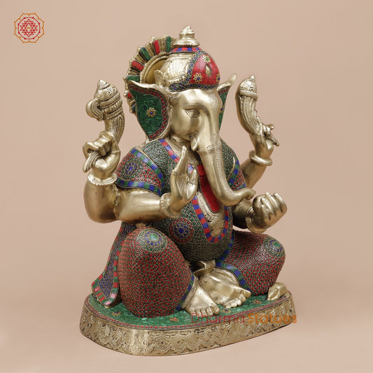 Brass Pooja Ganesh Seated Fine, Stone Work 21”