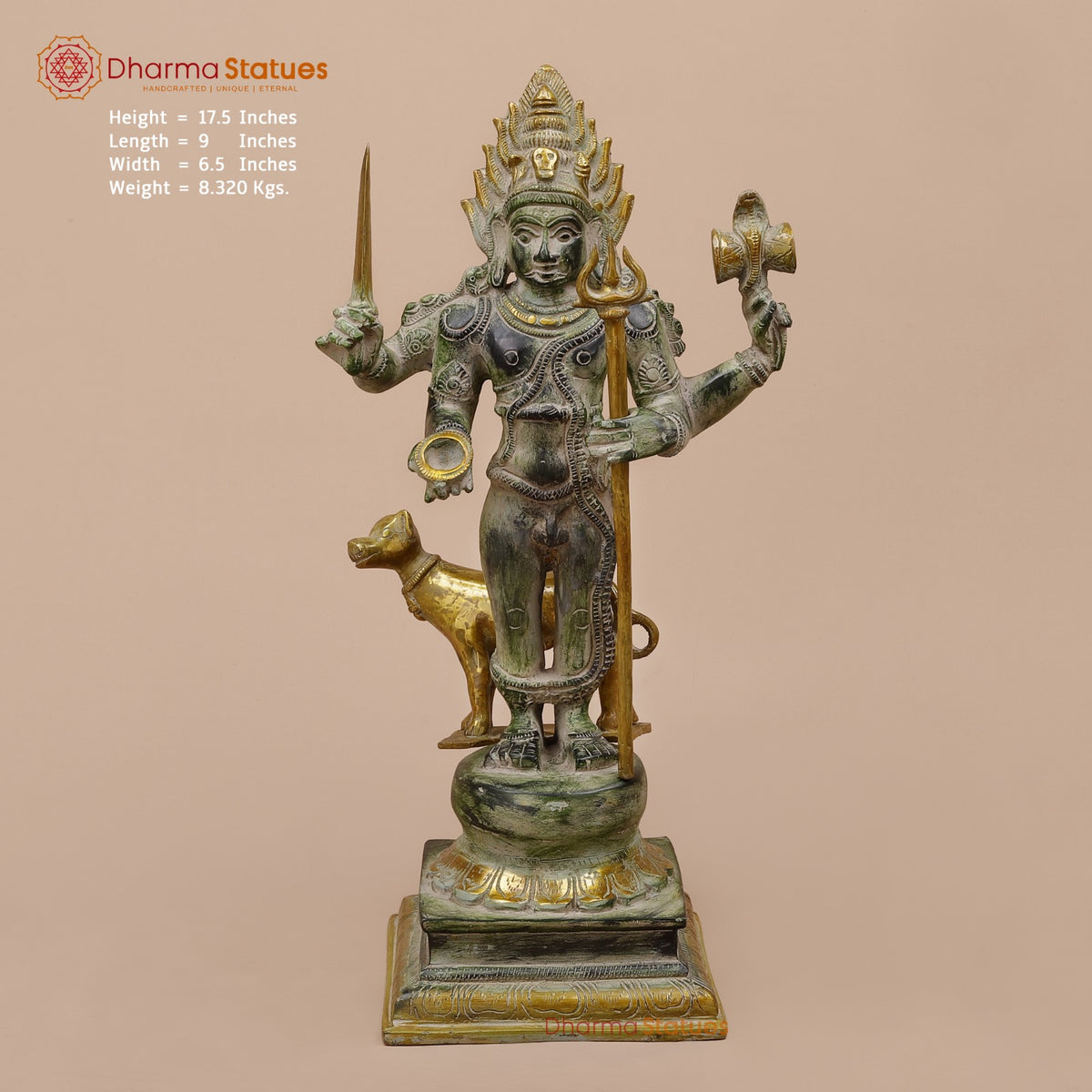 Brass Bhairav Standing Fine, Green and Gold Finish 18”
