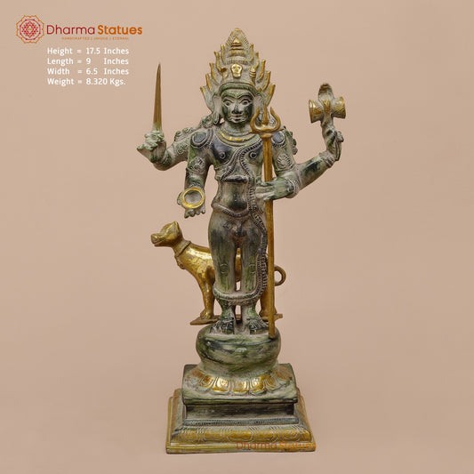 Brass Bhairav Standing Fine, Green and Gold Finish 18”