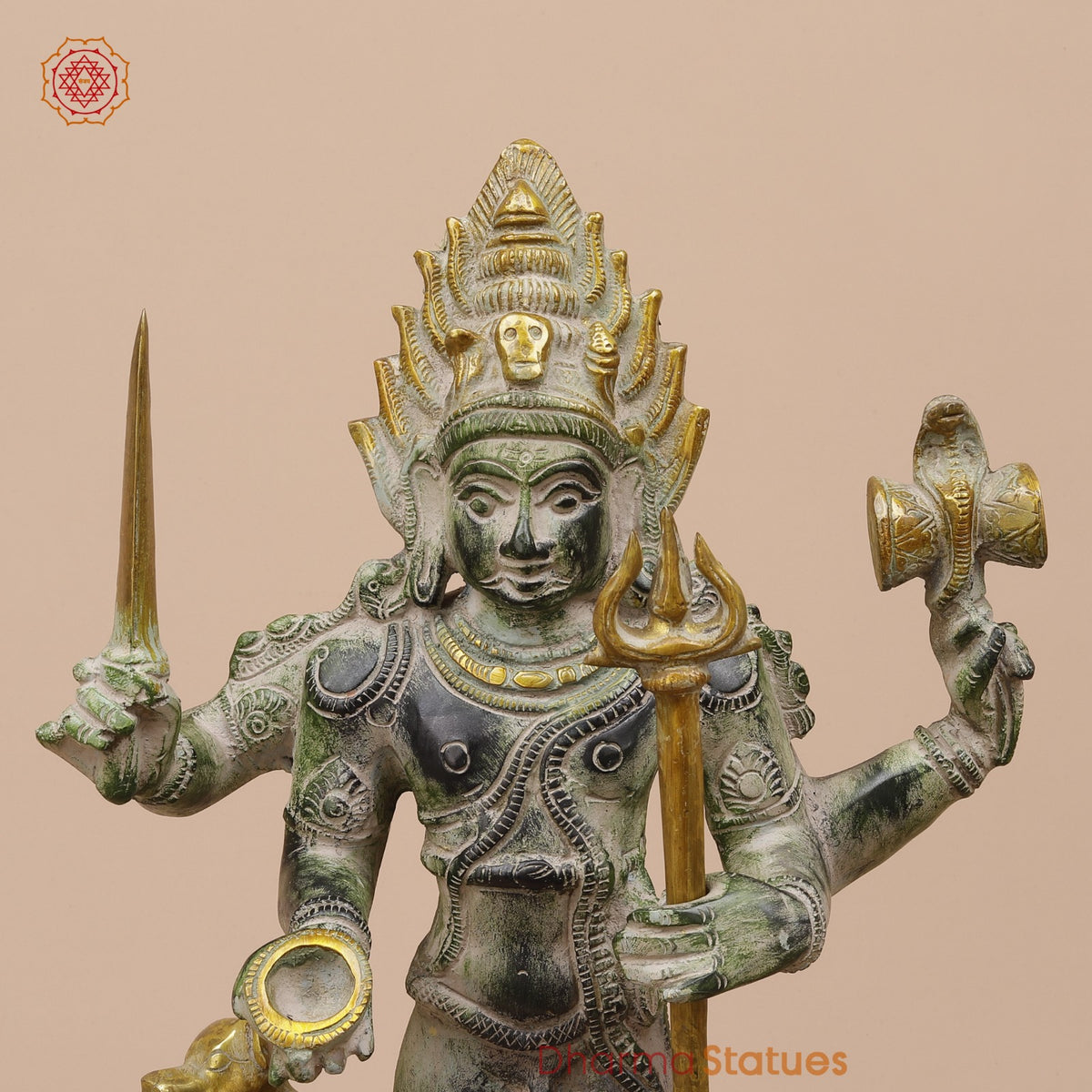 Brass Bhairav Standing Fine, Green and Gold Finish 18”