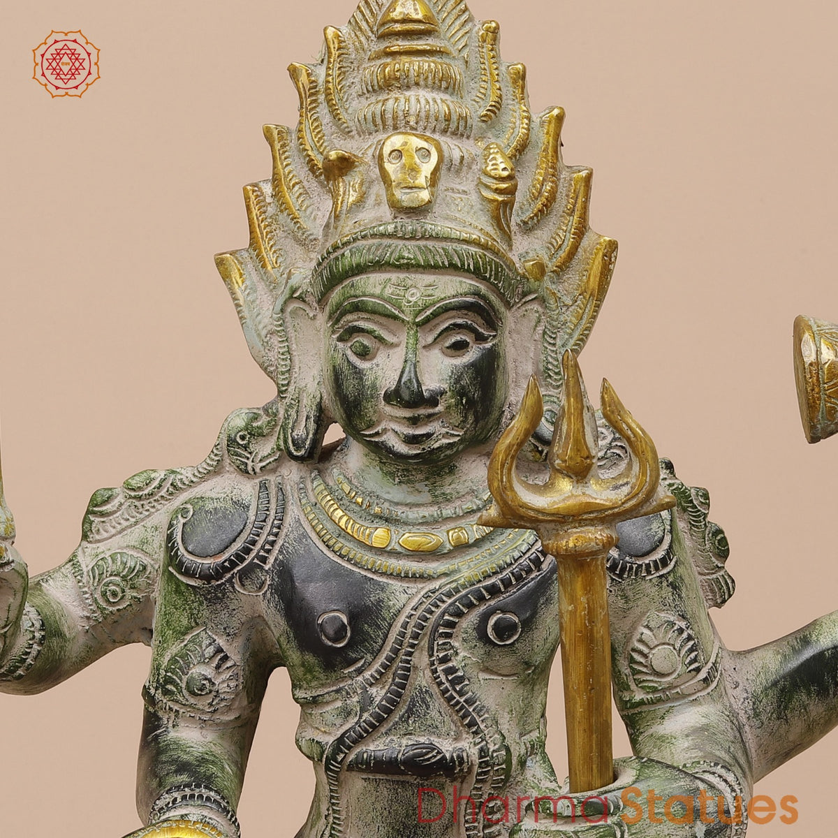 Brass Bhairav Standing Fine, Green and Gold Finish 18”