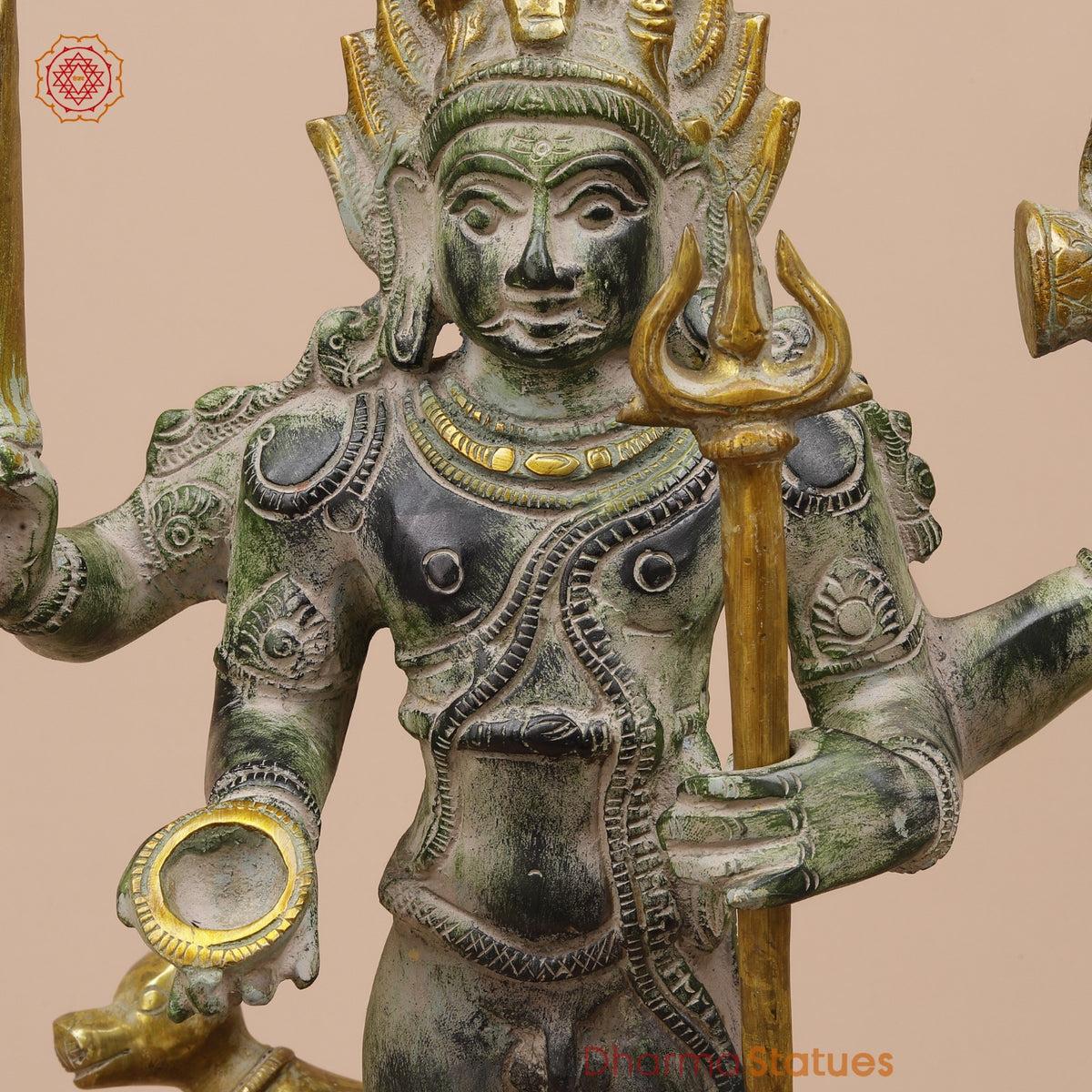 Brass Bhairav Standing Fine, Green and Gold Finish 18”