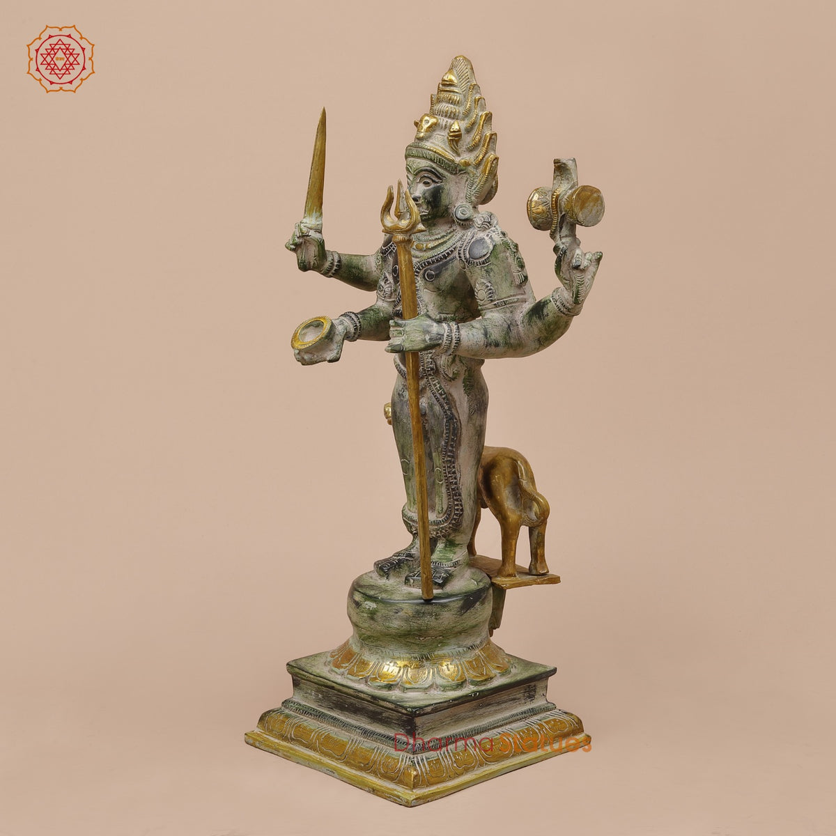 Brass Bhairav Standing Fine, Green and Gold Finish 18”
