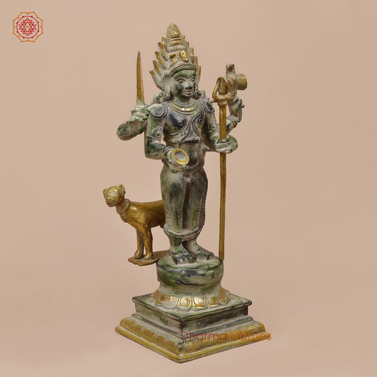 Brass Bhairav Standing Fine, Green and Gold Finish 18”