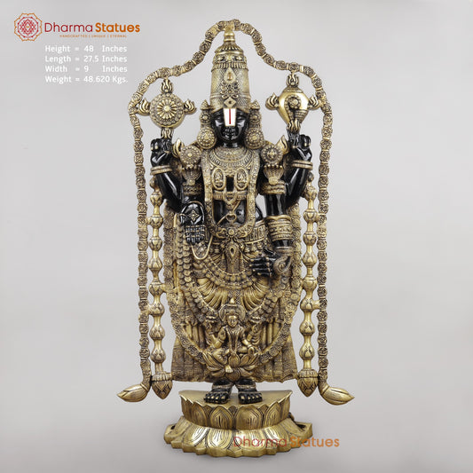 Brass Tirupati Balaji With Garland and Fine Carving, Royal Black Finish 48”
