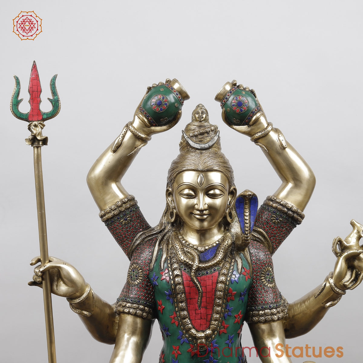 Brass Mahamritunjay Shiva Seated With 6 Hands, Stone Work 32”