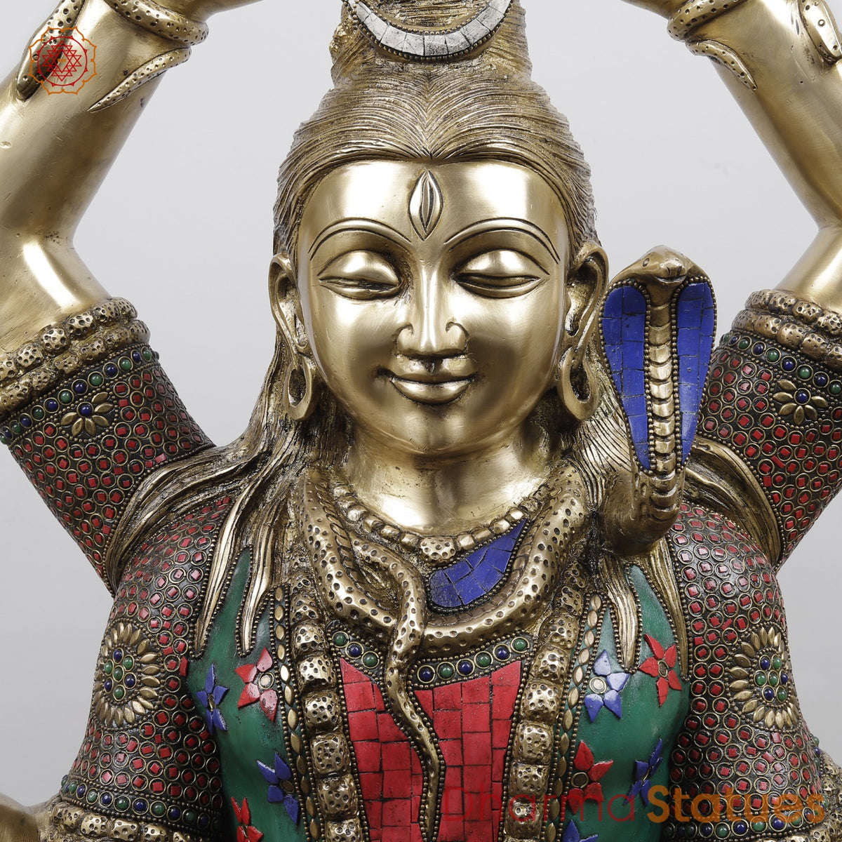 Brass Mahamritunjay Shiva Seated With 6 Hands, Stone Work 32”