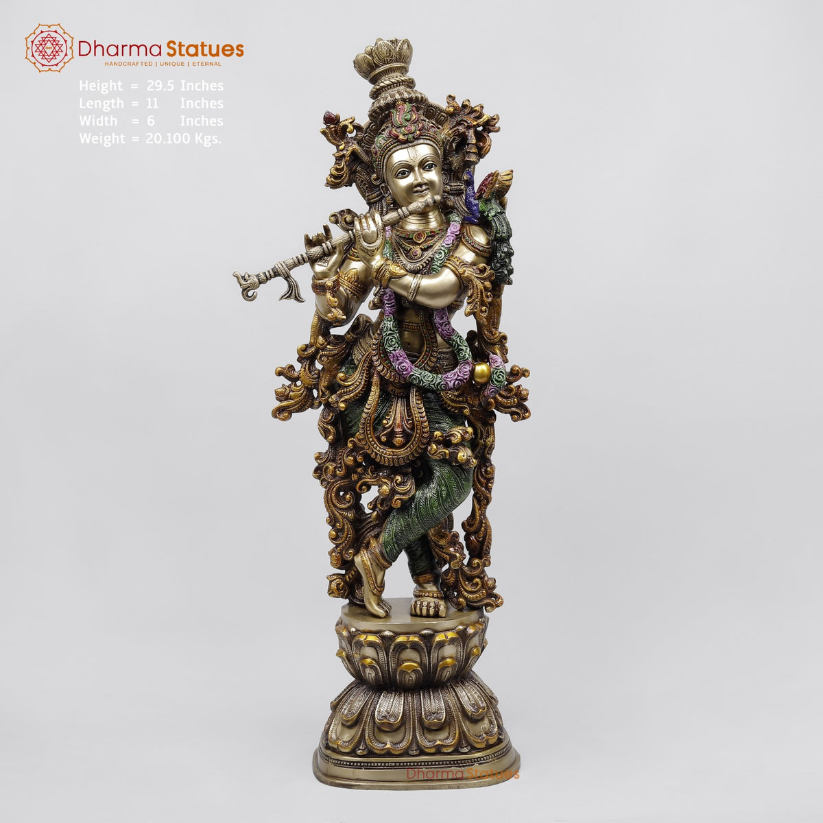 Brass Krishna Standing Fine Carving, Colorful finish 30”