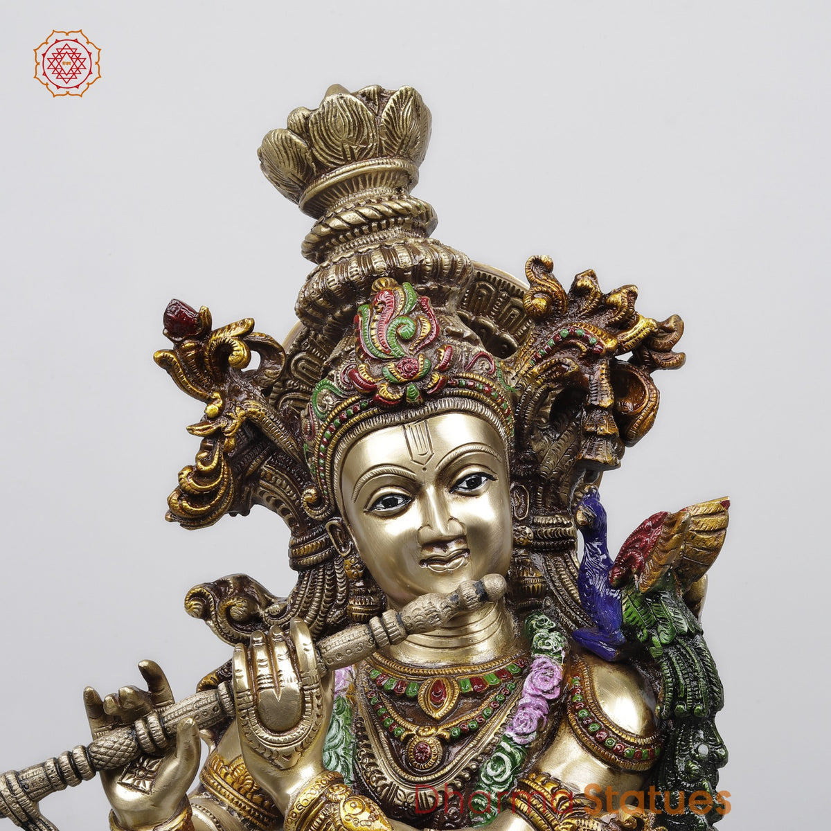 Brass Krishna Standing Fine Carving, Colorful finish 30”