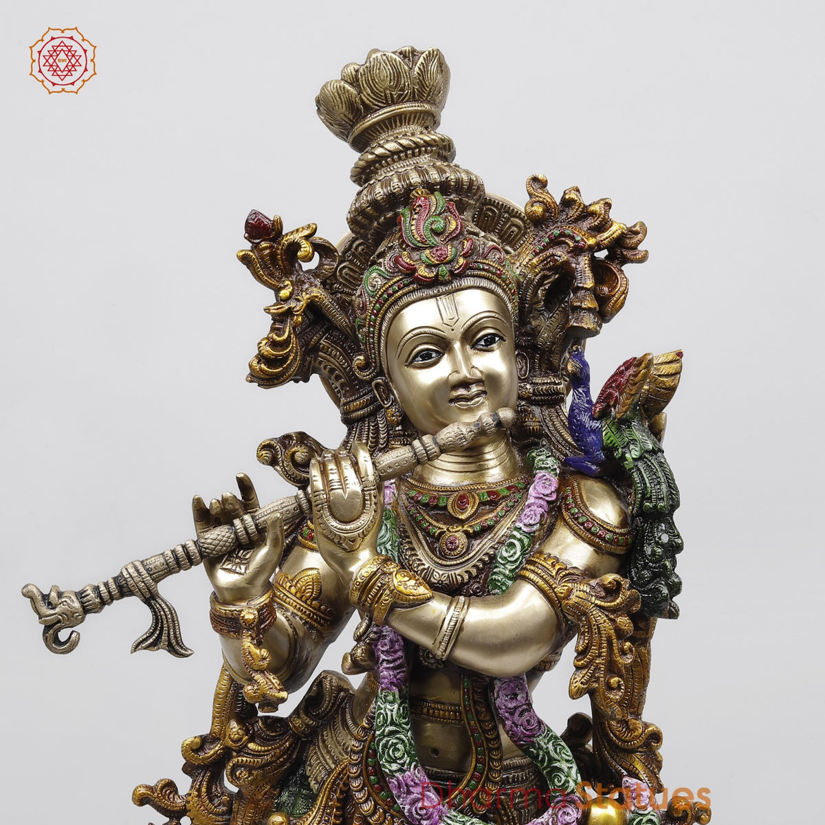 Brass Krishna Standing Fine Carving, Colorful finish 30”