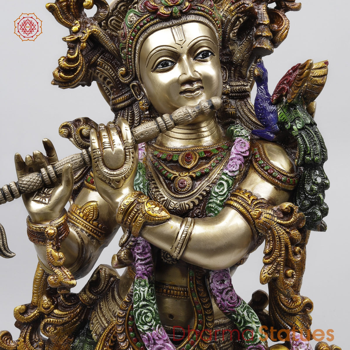 Brass Krishna Standing Fine Carving, Colorful finish 30”