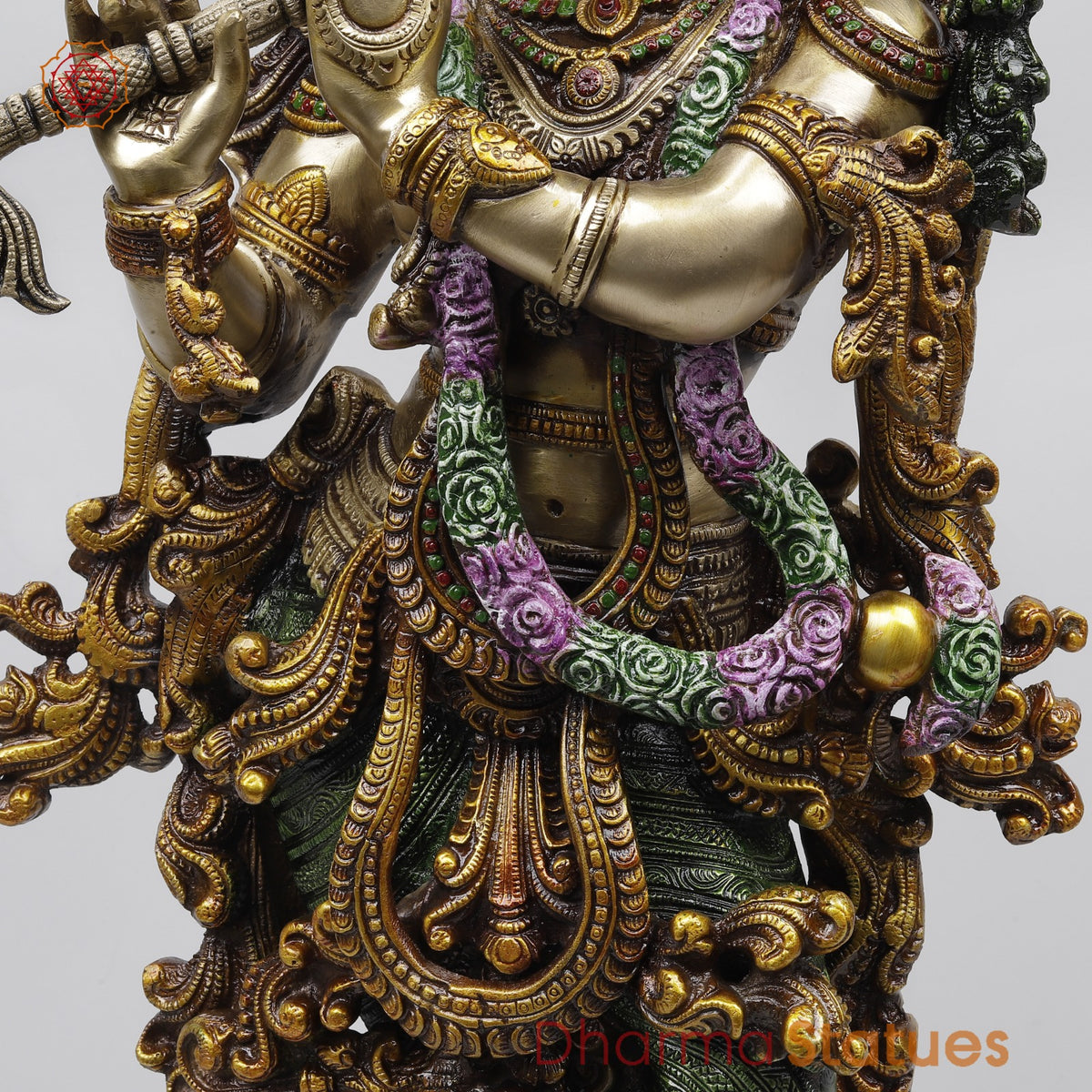 Brass Krishna Standing Fine Carving, Colorful finish 30”