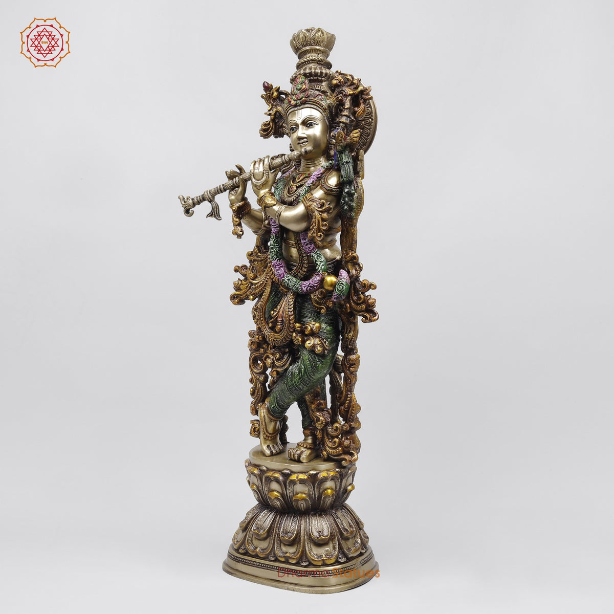 Brass Krishna Standing Fine Carving, Colorful finish 30”