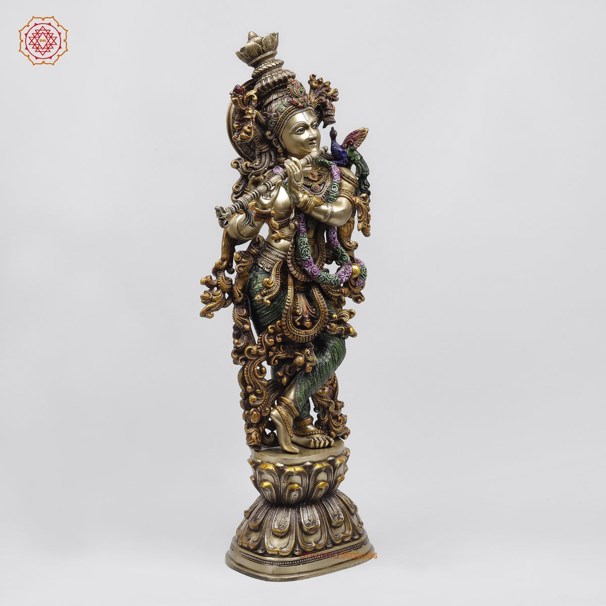 Brass Krishna Standing Fine Carving, Colorful finish 30”