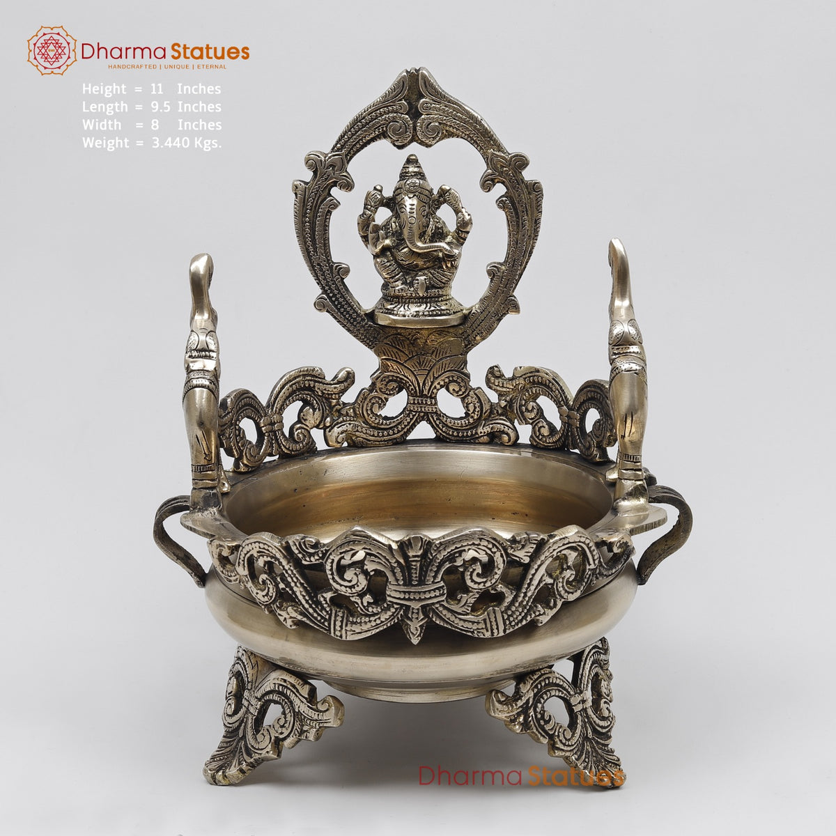 Brass Ganesh Urli with Elephants Fine, Smooth Finish 11”