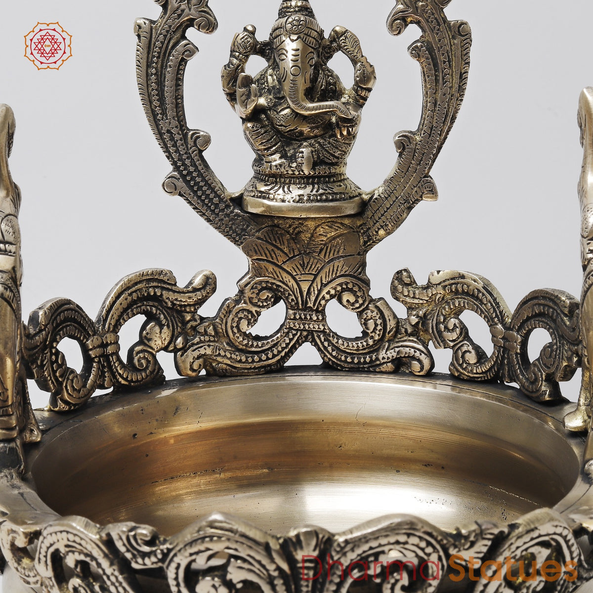 Brass Ganesh Urli with Elephants Fine, Smooth Finish 11”