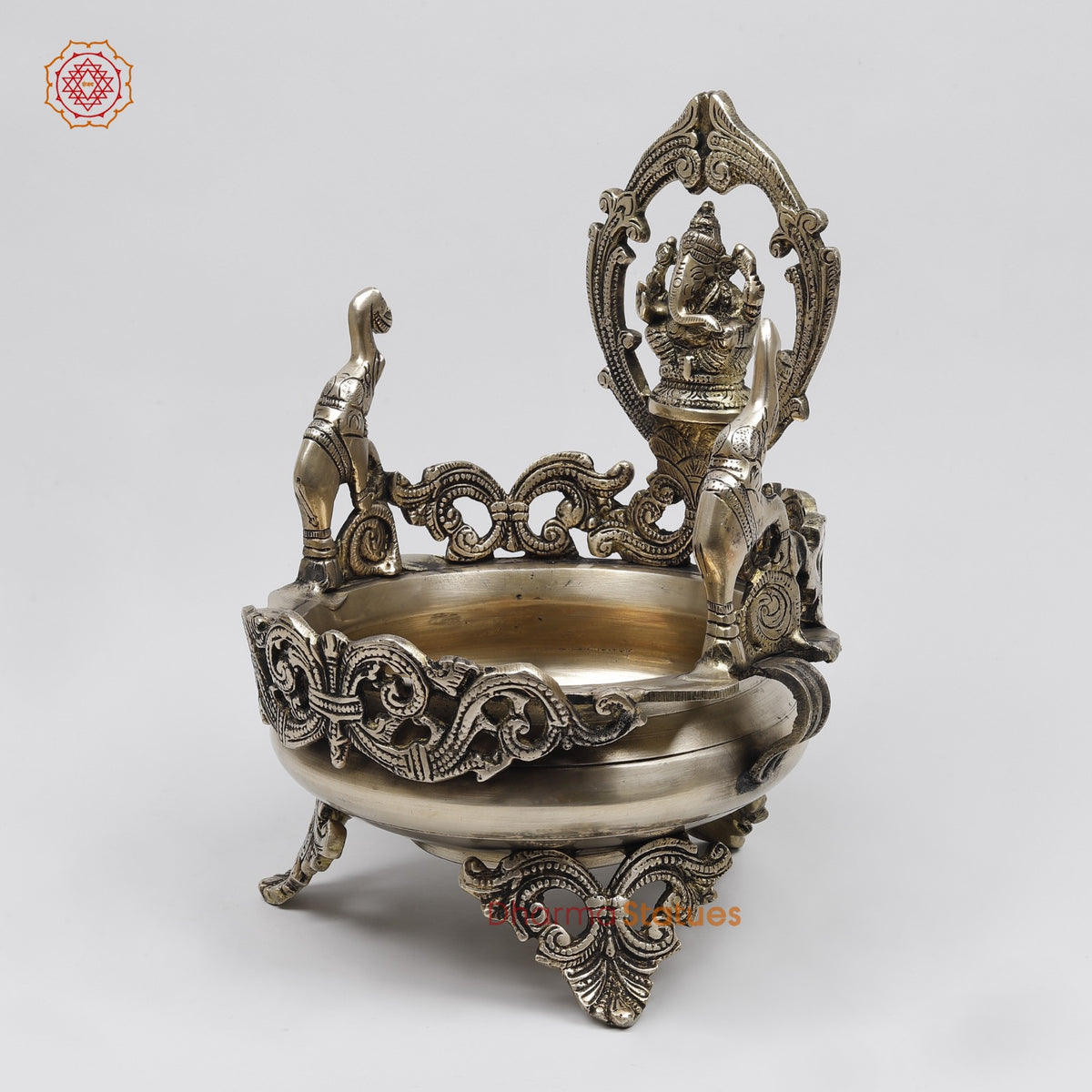 Brass Ganesh Urli with Elephants Fine, Smooth Finish 11”
