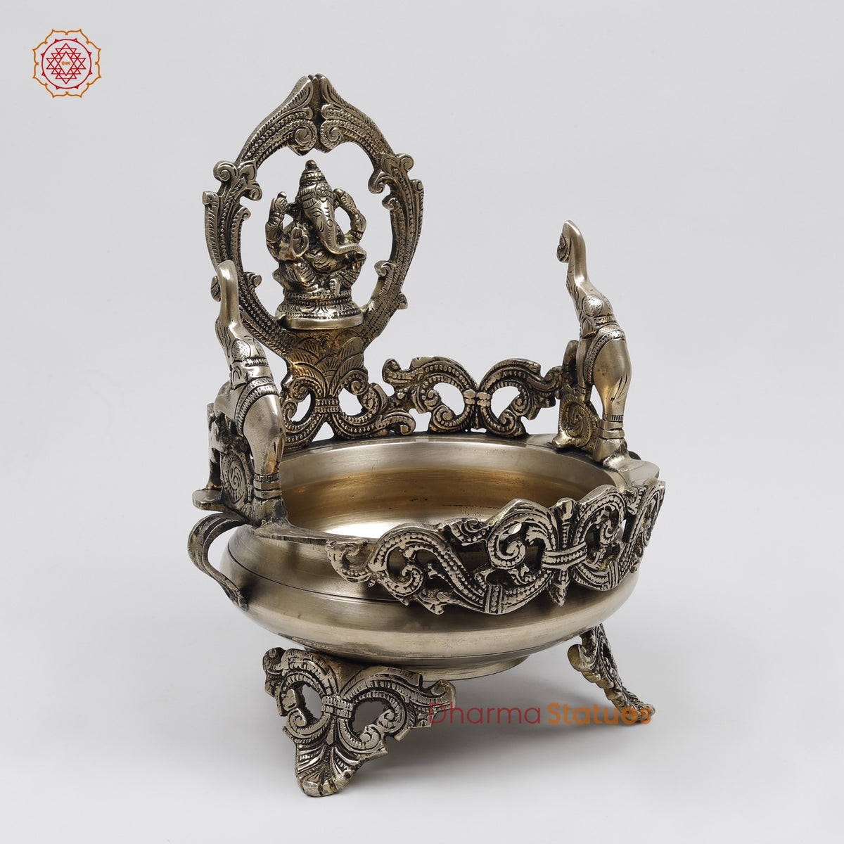 Brass Ganesh Urli with Elephants Fine, Smooth Finish 11”
