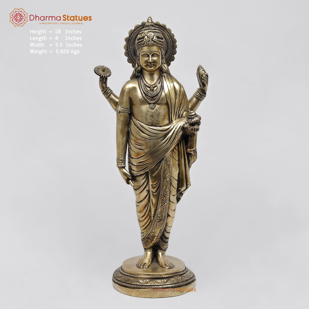 Brass Dhanwantri Standing Fine, Smooth Finish 18”