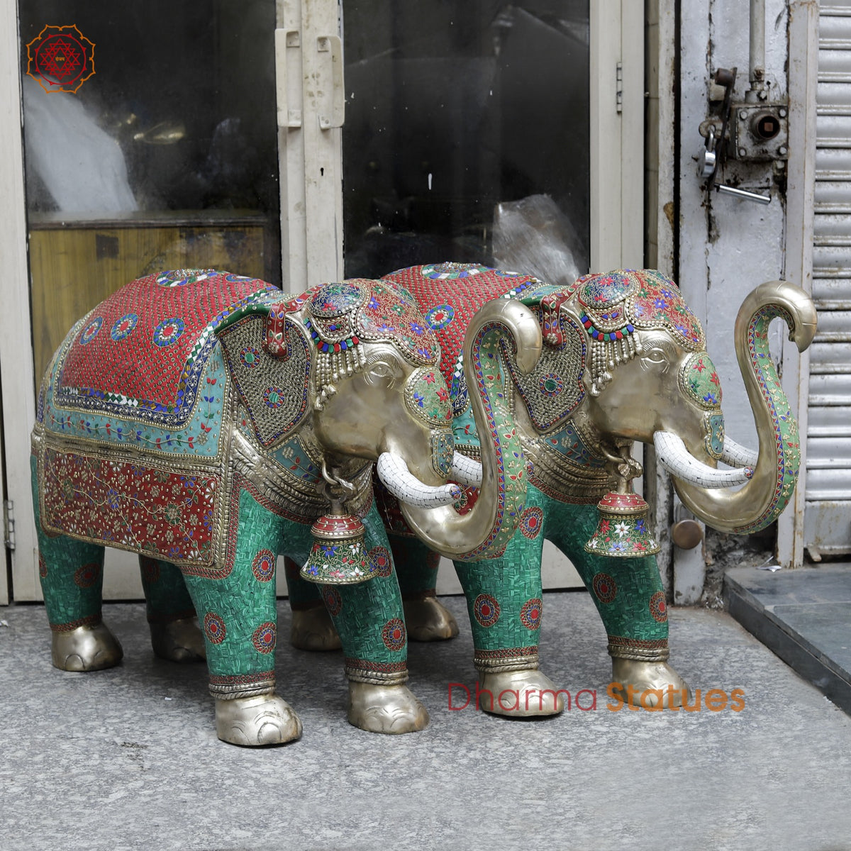 Brass Elephants Standing Fine, Stone Work 46”