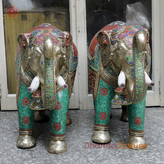Brass Elephants Standing Fine, Stone Work 46”