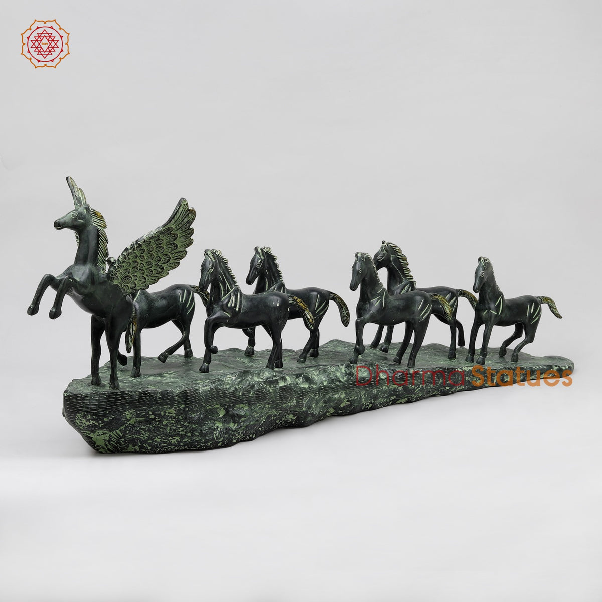 Brass Lucky 7 Horses Fine , Antique Green Finish 34” (Vastu Approved)