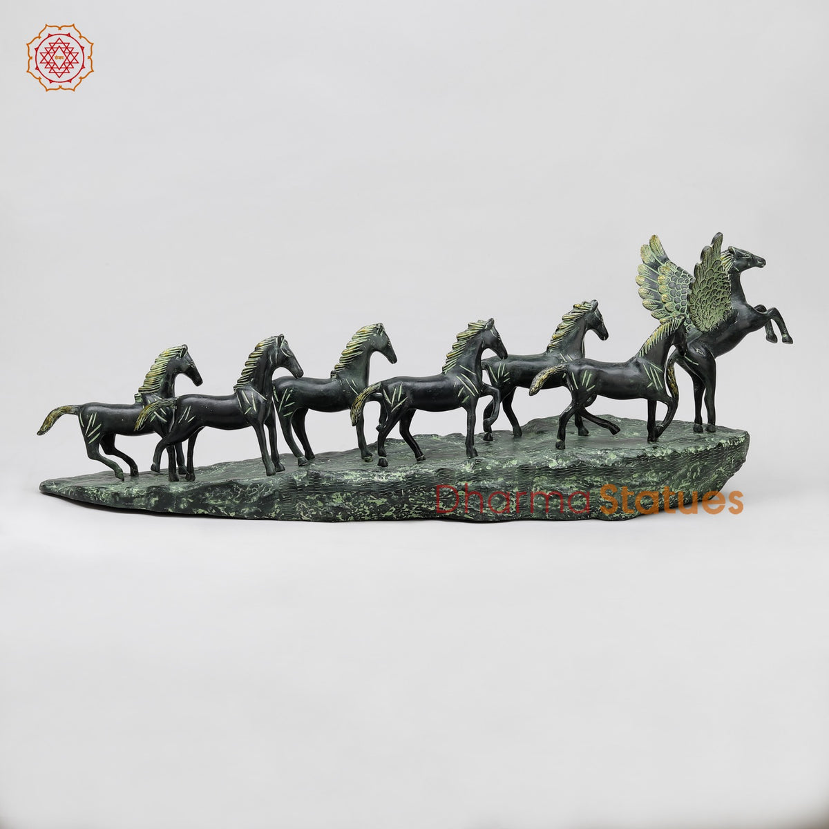 Brass Lucky 7 Horses Fine , Antique Green Finish 34” (Vastu Approved)