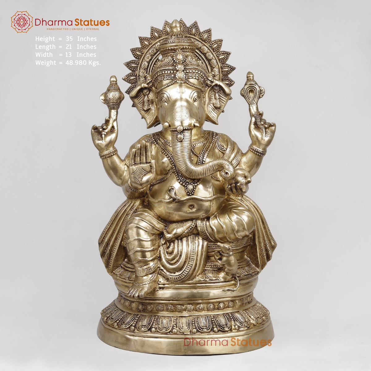 Brass Auspicious Ganesh Seated Fine, Gold Finish 35”