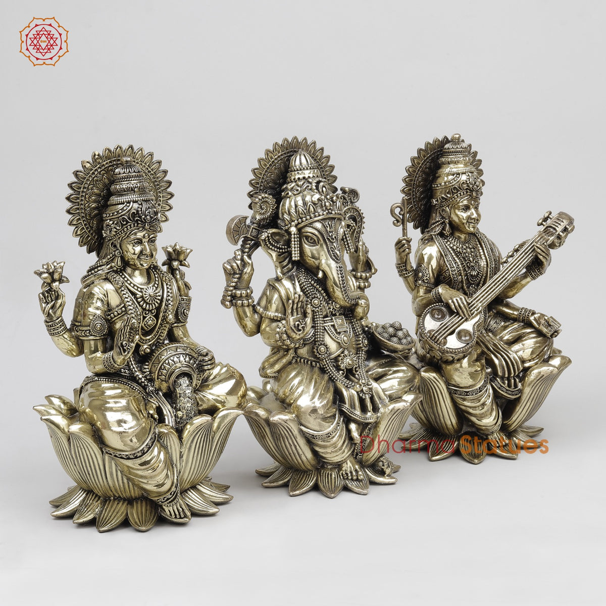 Brass Auspicious Ganesh, Lakshmi, Saraswati Set Fine 12.5”