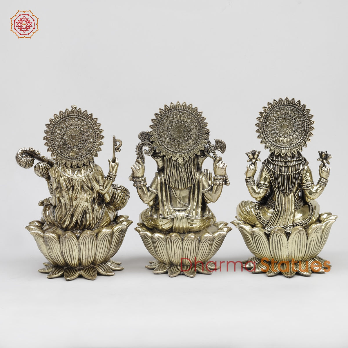 Brass Auspicious Ganesh, Lakshmi, Saraswati Set Fine 12.5”