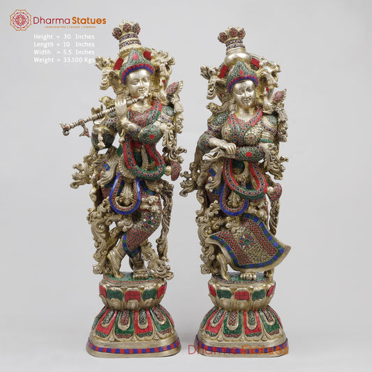 Brass Radha Krishna Standing Fine, Stone Work 30”