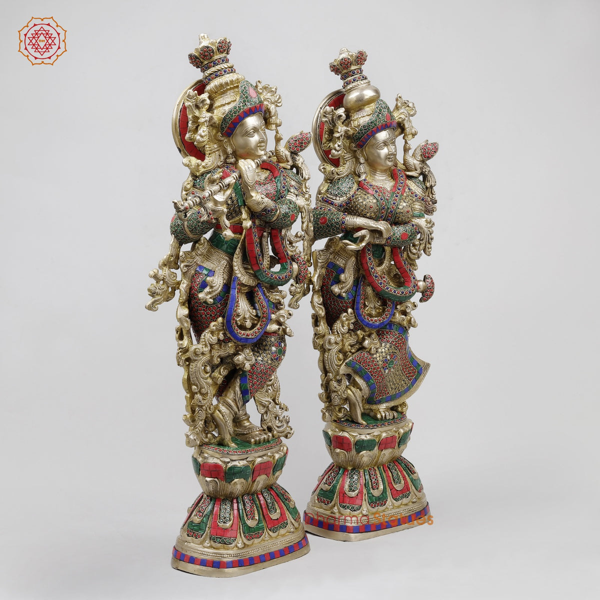 Brass Radha Krishna Standing Fine, Stone Work 30”