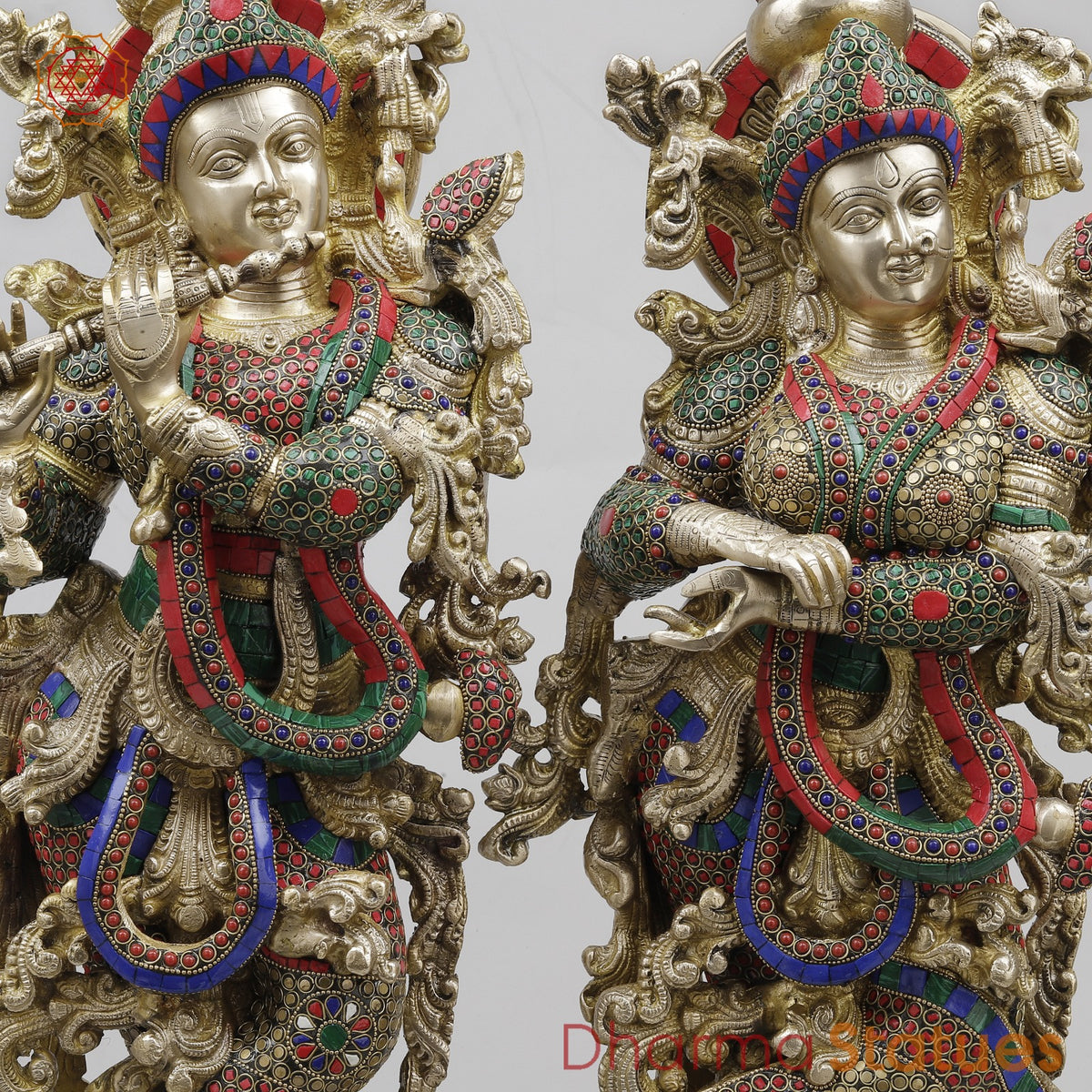 Brass Radha Krishna Standing Fine, Stone Work 30”