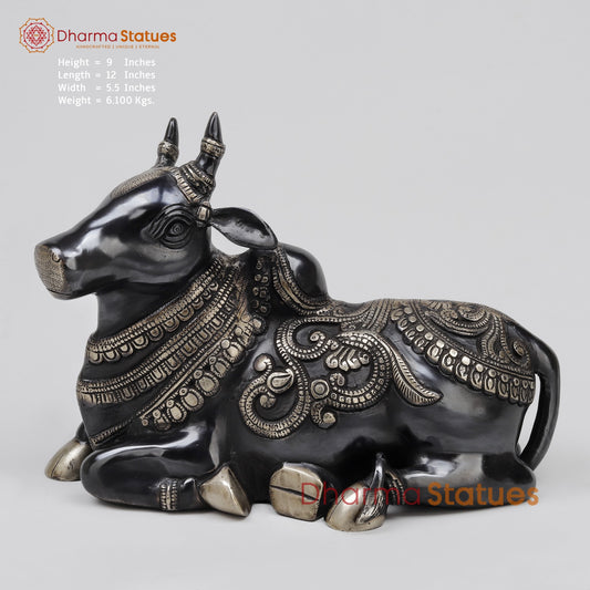 Brass Nandi Seated With Fine Carving, Royal Black Finish 12”