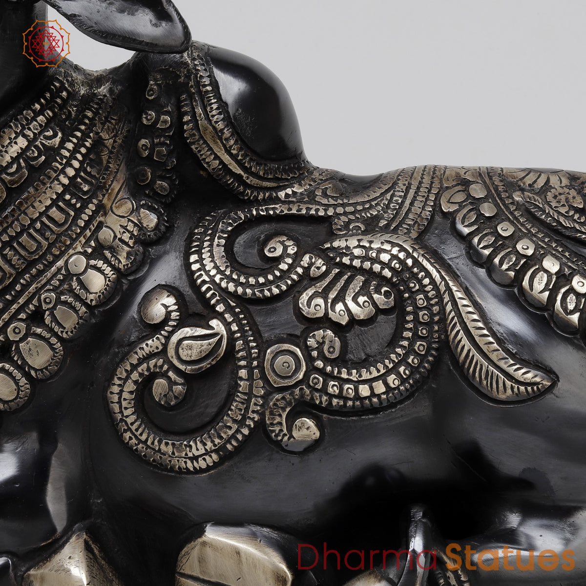 Brass Nandi Seated With Fine Carving, Royal Black Finish 12”