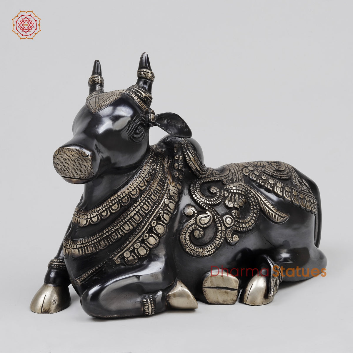 Brass Nandi Seated With Fine Carving, Royal Black Finish 12”