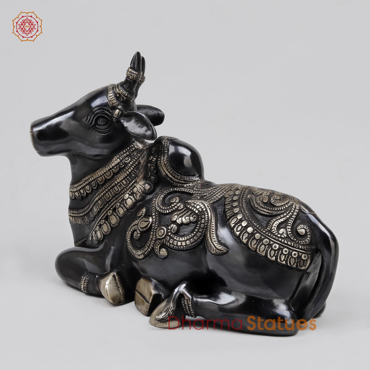 Brass Nandi Seated With Fine Carving, Royal Black Finish 12”