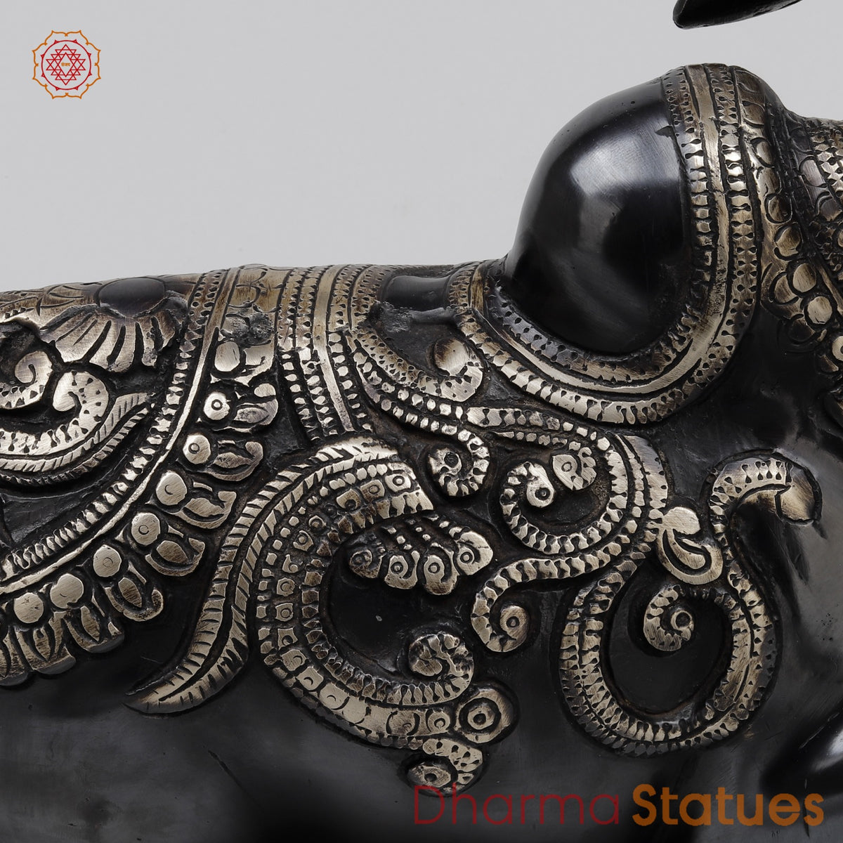 Brass Nandi Seated With Fine Carving, Royal Black Finish 12”