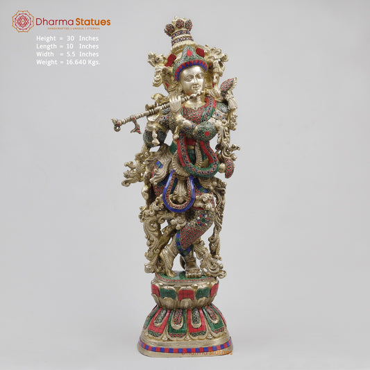 Brass Krishna Standing Fine, Stone Work 30”