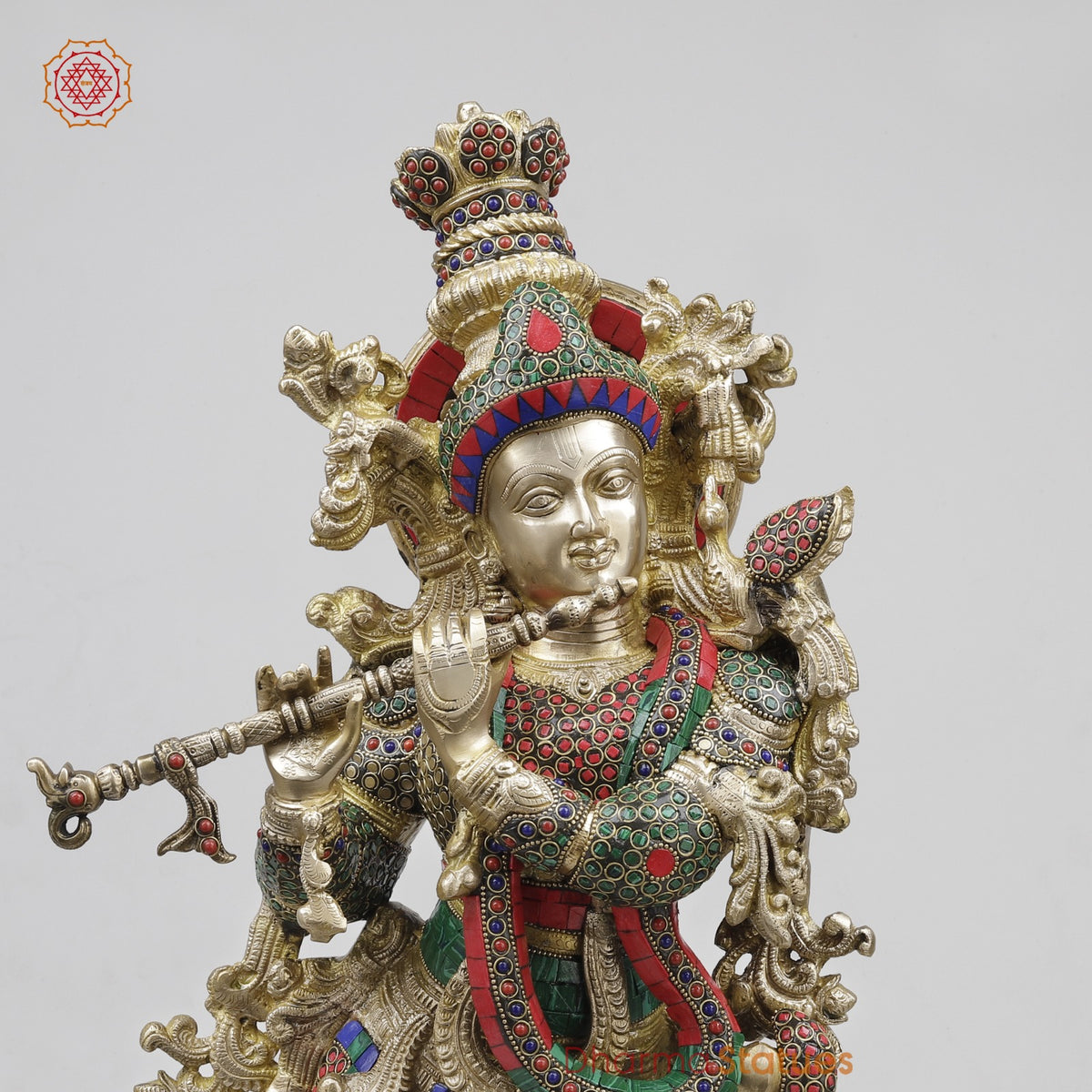 Brass Krishna Standing Fine, Stone Work 30”