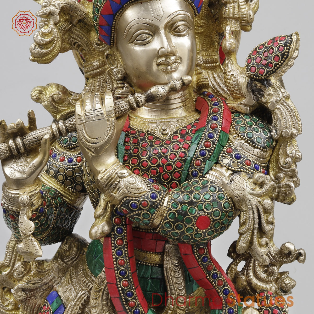 Brass Krishna Standing Fine, Stone Work 30”