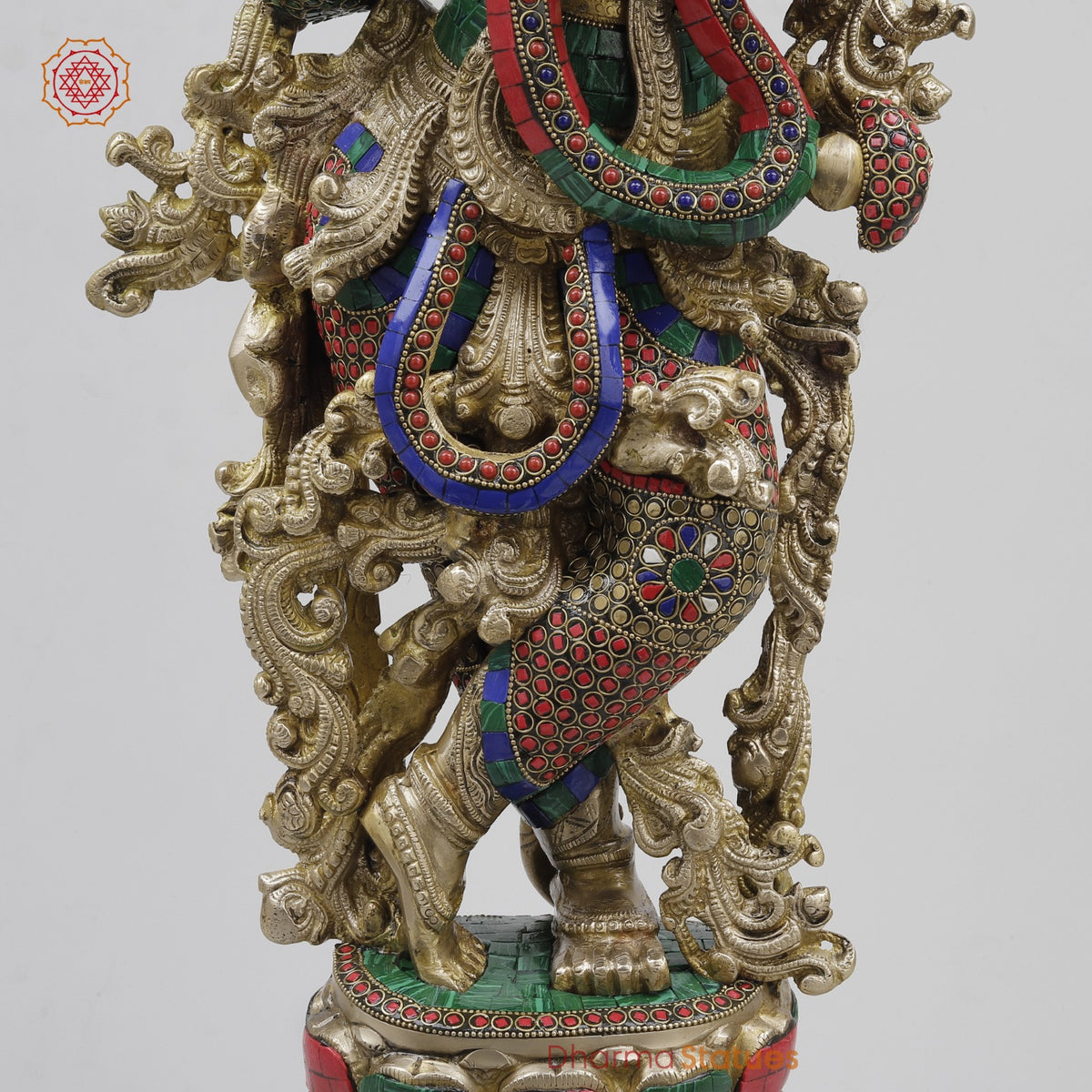Brass Krishna Standing Fine, Stone Work 30”