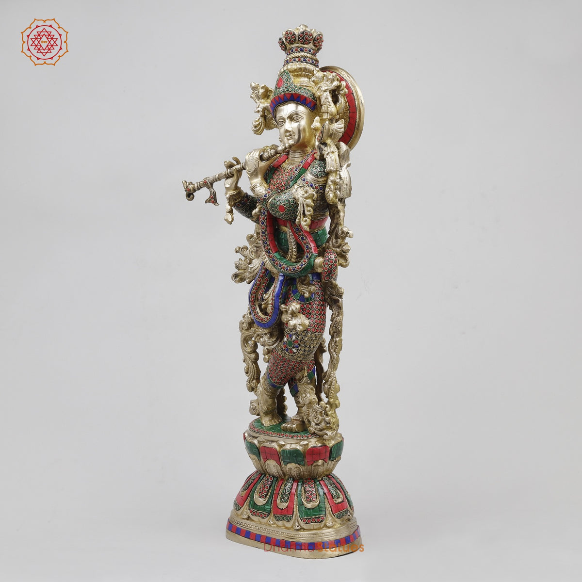 Brass Krishna Standing Fine, Stone Work 30”