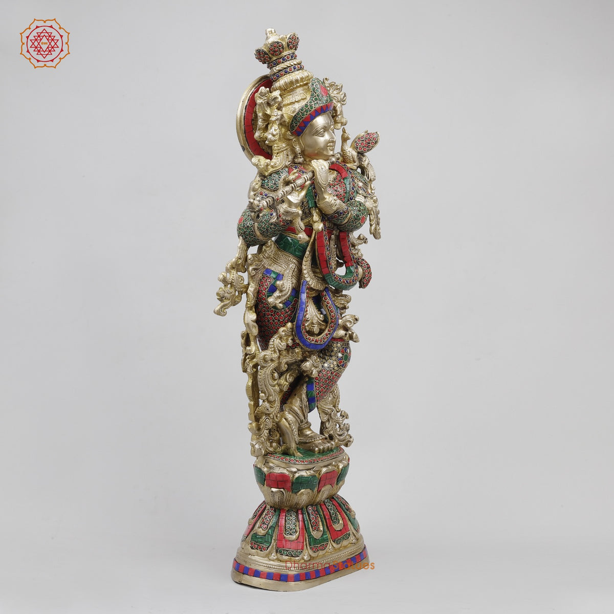 Brass Krishna Standing Fine, Stone Work 30”
